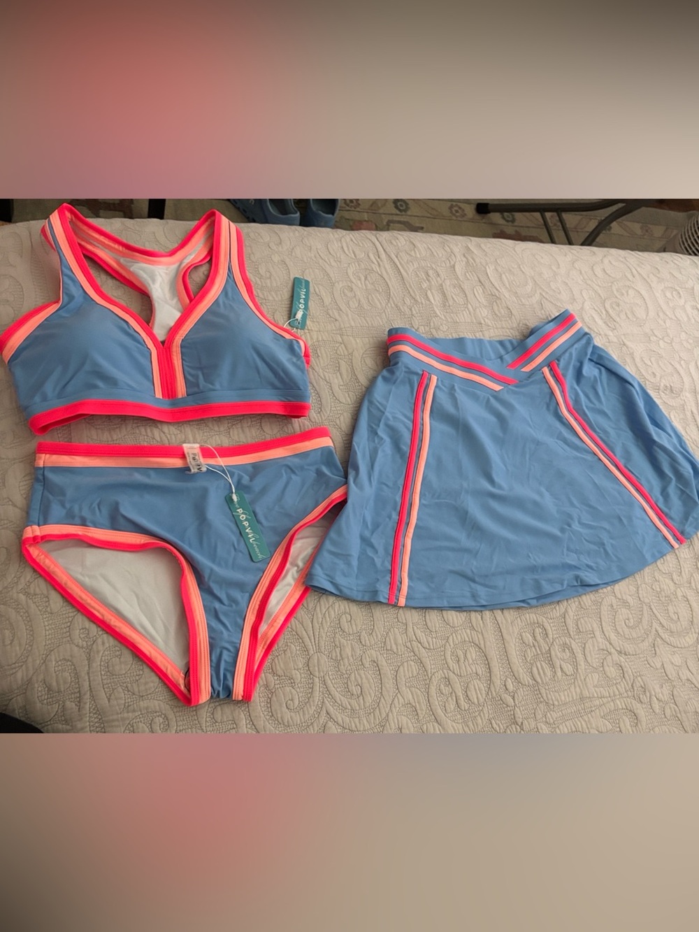 NWT PopVil 3 piece swim suit in blue, pink and orange size Medium. - Picture 2 of 7